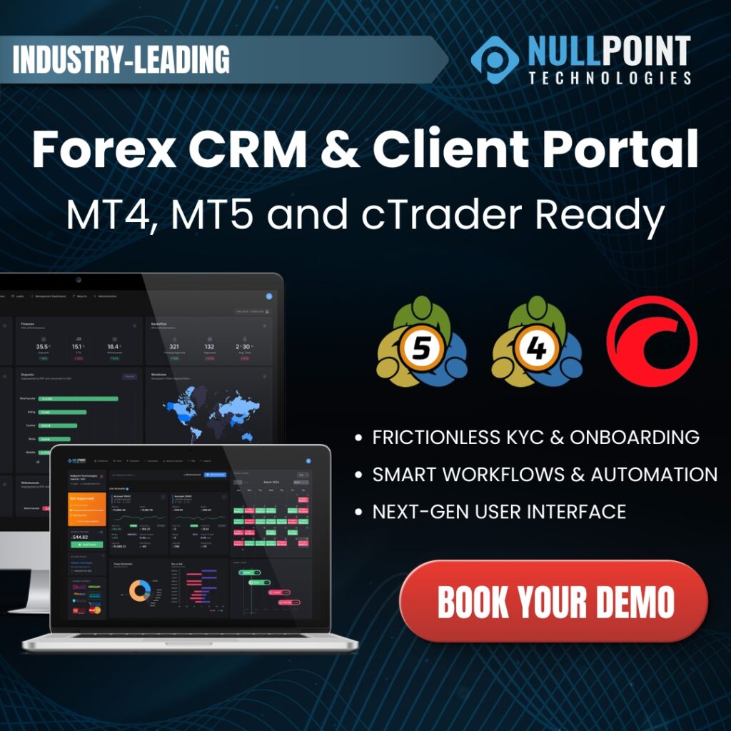 Forex CRM client area interface showing client management, onboarding, and trading account integration