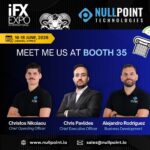 Promotional banner featuring the Nullpoint Technologies team attending iFX Expo International Cyprus 2026 in Limassol. The image includes Chris Pavlides (CEO), Christos Nikolaou (COO), and Alejandro Rodriguez (Business Development), with event dates 16–18 June 2026 and Booth 35.