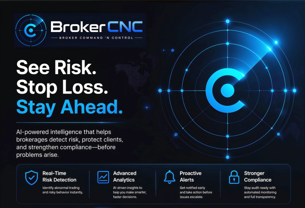 BrokerCNC coming soon banner showcasing an AI-powered brokerage risk management platform with real-time risk detection, advanced analytics, proactive alerts, and compliance monitoring.