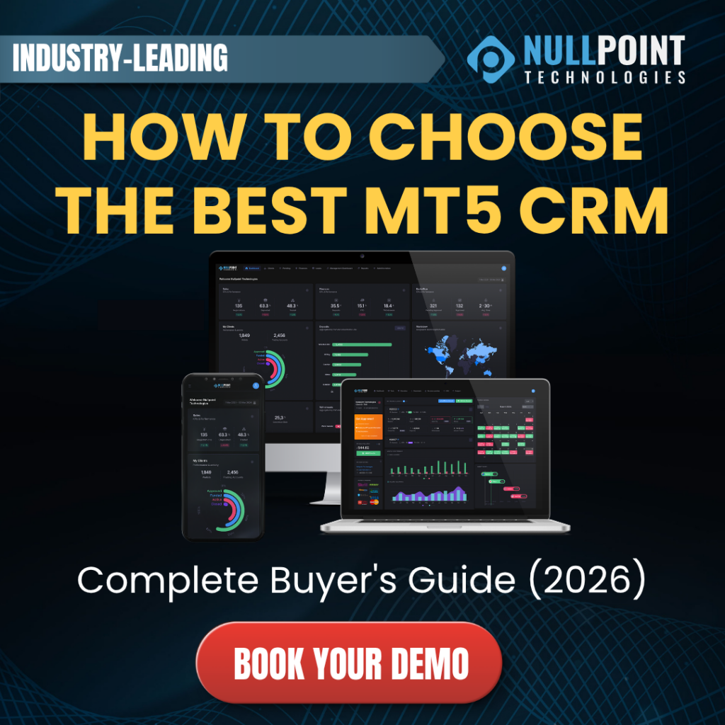 Illustration of an enterprise MT5 CRM dashboard featuring client management, automation, IB management, reporting, and MetaTrader 5 integration for Forex brokerages.