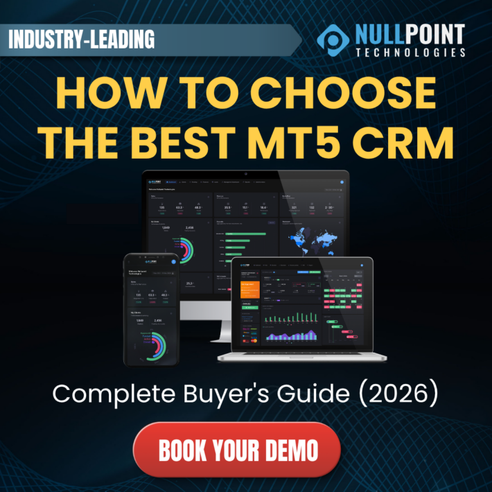 Illustration of an enterprise MT5 CRM dashboard featuring client management, automation, IB management, reporting, and MetaTrader 5 integration for Forex brokerages.