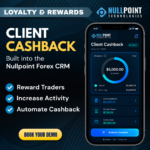 Forex CRM Cashback Module dashboard showing automated trader cashback management and rewards.