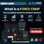 Forex CRM dashboard showing client management, MT5 integration, payments, KYC compliance, analytics, and Trader’s Room by Nullpoint Technologies.