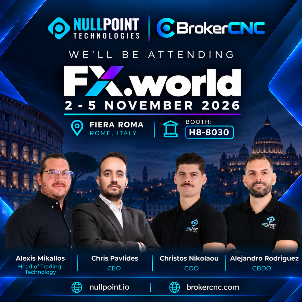 Nullpoint Technologies and BrokerCNC team at FX.world SiGMA Rome 2026, Fiera Roma, booth H8-8030